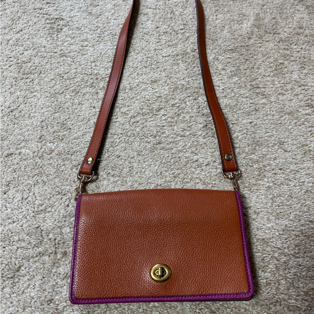 Leather COACH Crossbody Bag in Brown with Pink Trim